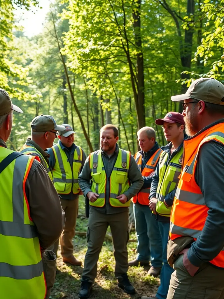 A photograph showing a group of hunters participating in a training session on ethical hunting practices and wildlife conservation, emphasizing responsible hunting.
