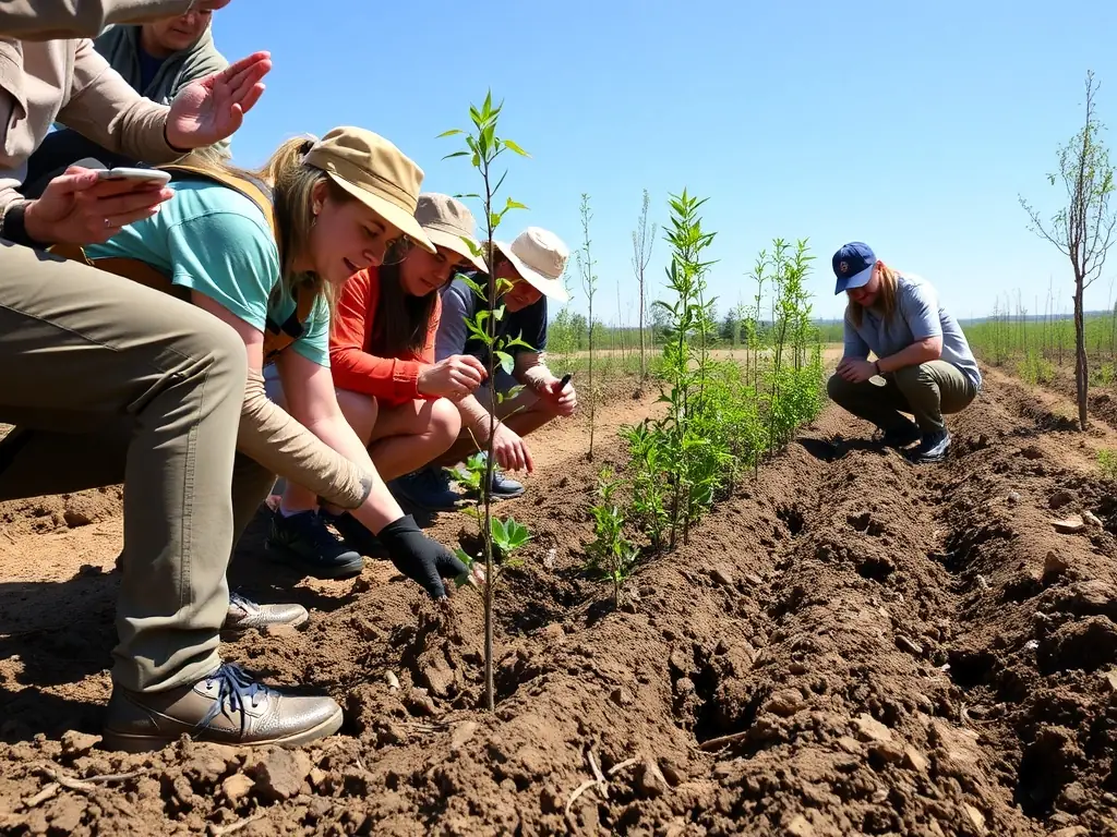 A photograph depicting a group of volunteers planting trees in a deforested area, symbolizing habitat restoration efforts by ASSOCIATION DE CHASSE DE AMBERAC MARCILLAC LANVILLE.