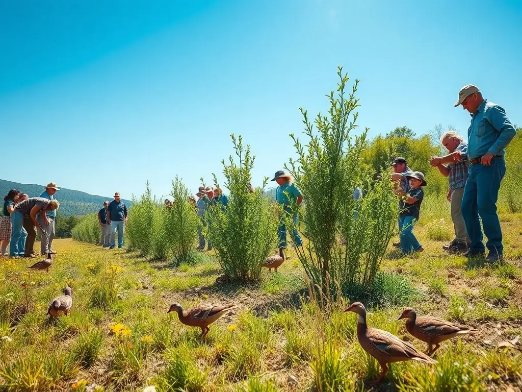 An image showing volunteers planting native trees and shrubs in a deforested area, illustrating habitat restoration efforts and the promotion of biodiversity.