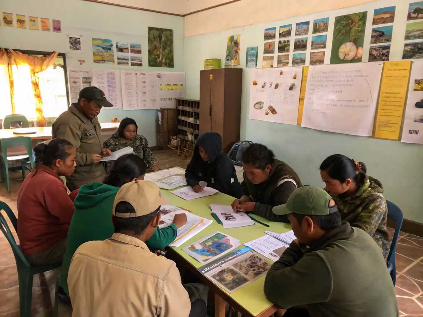 A photograph of a community workshop on wildlife safety, showing participants learning about responsible hunting practices and wildlife conservation.