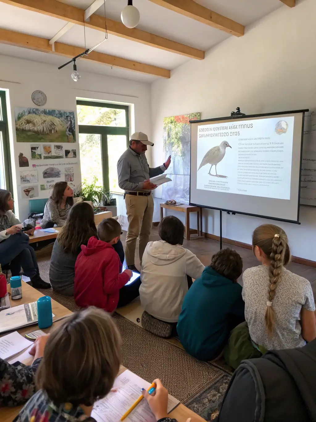 A photograph of a wildlife expert leading a workshop on wildlife identification and monitoring techniques, highlighting the importance of data collection.