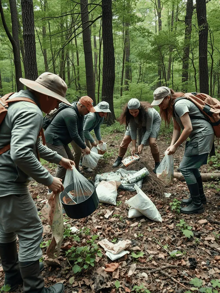 A photograph of a group of volunteers cleaning up a local forest area, removing litter and debris to improve the habitat for wildlife.