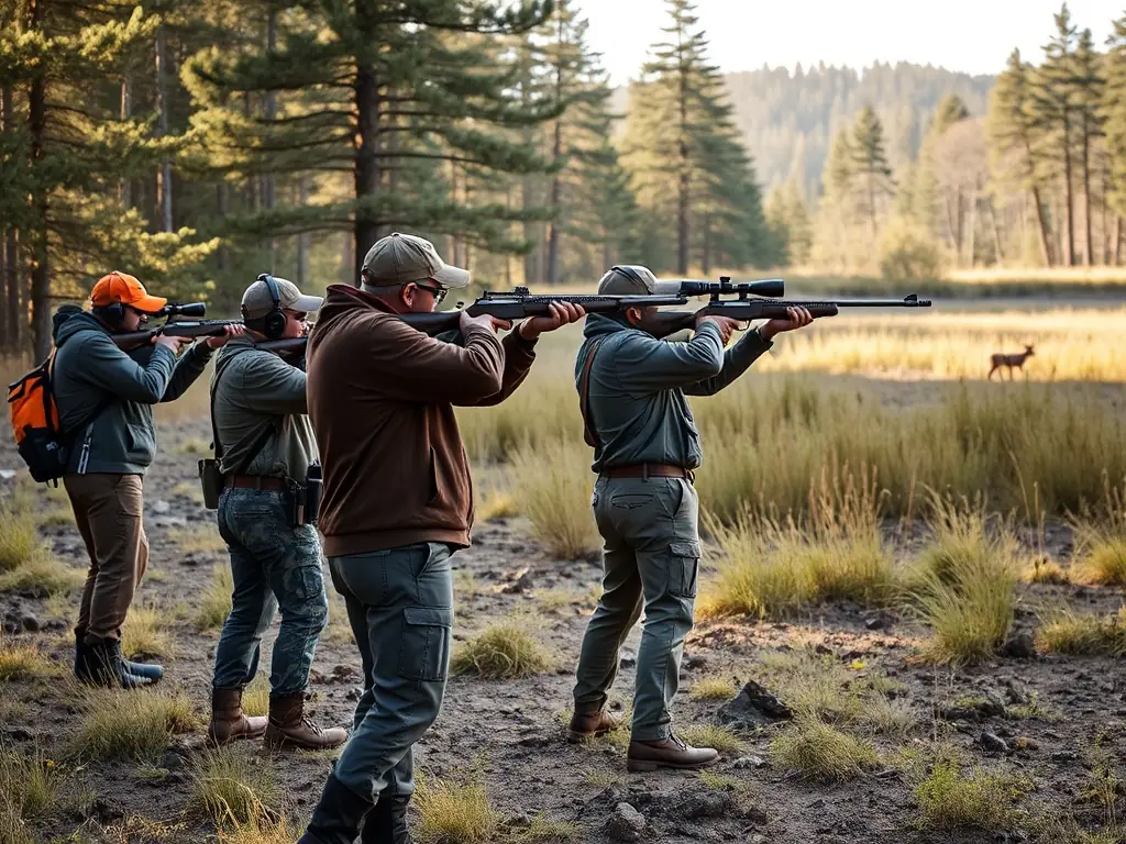 A photograph depicting a group of hunters participating in a controlled hunt in a rural area, emphasizing responsible wildlife management and adherence to safety protocols.